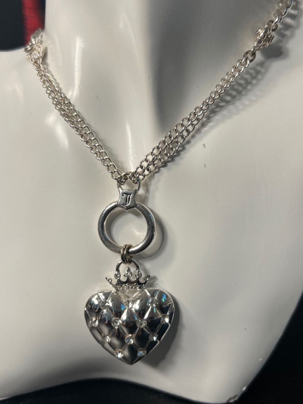 Juicy Couture Silver Tone Rhinestone Puff Crown Heart Double Chain Necklace